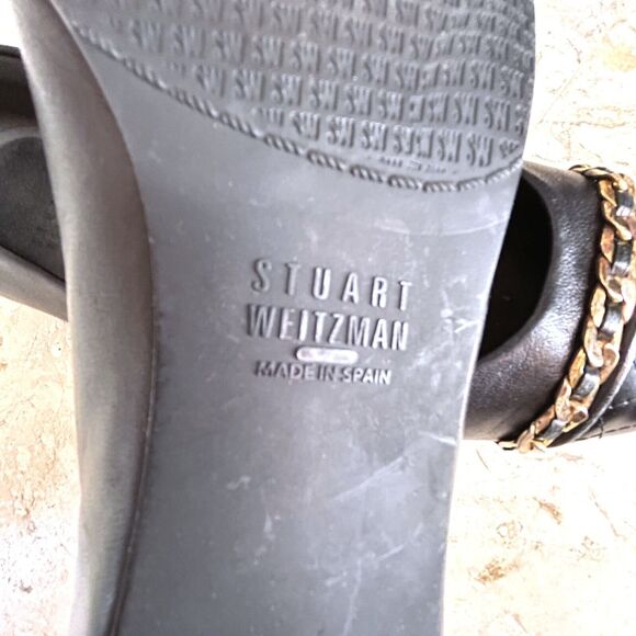 Stuart Weitzman Shoes 6.5 Black Leather Ballet Flats GOLD CHAIN Accent Quilted - Picture 9 of 10
